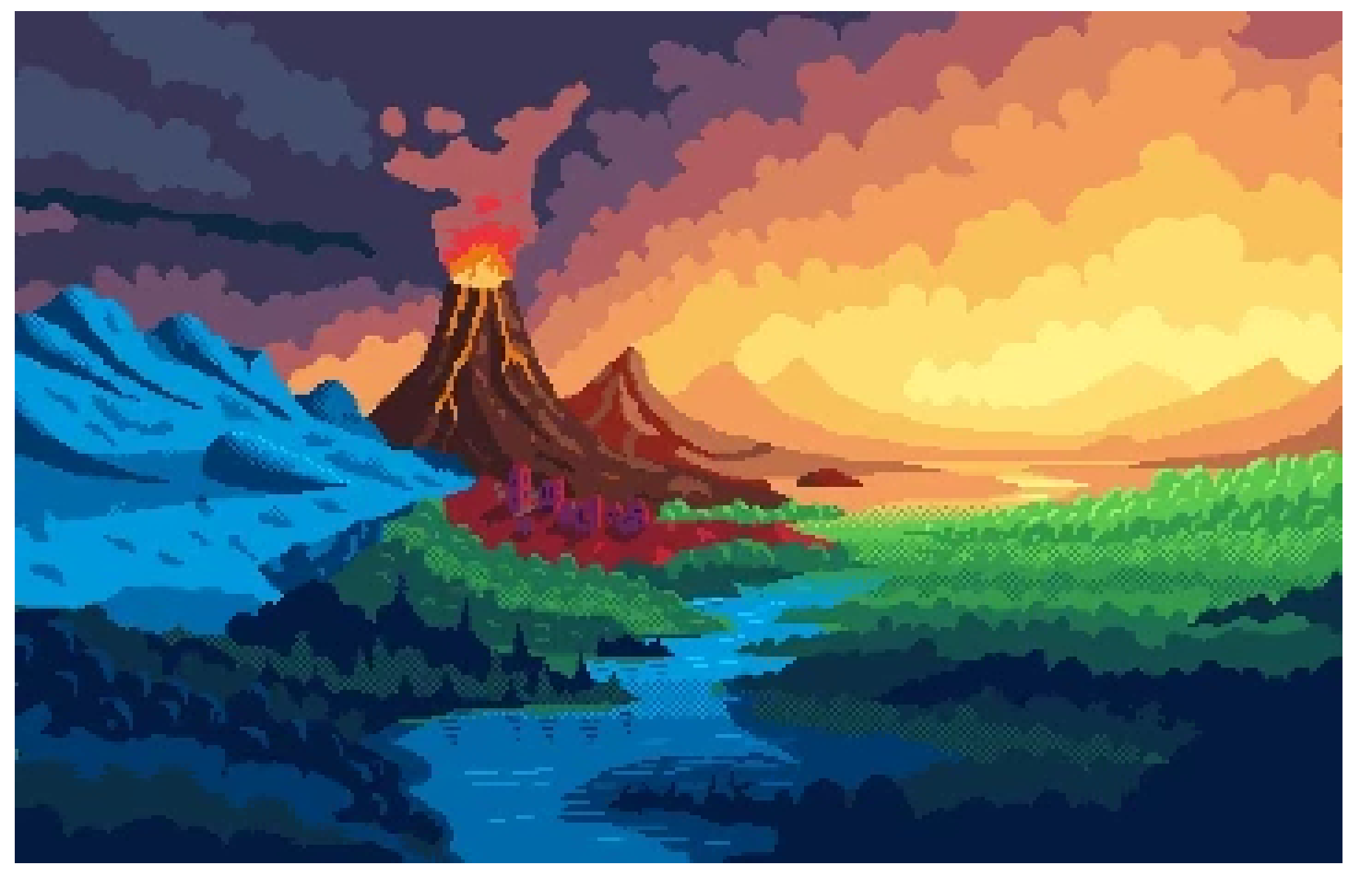 Volcano landscape, pixel art by LemonSlayer