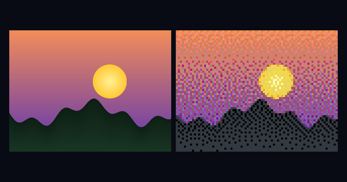 A sunset over hills on the left, and the same scene on the right as 80 by 60 pixels in the wplace palette with dithering